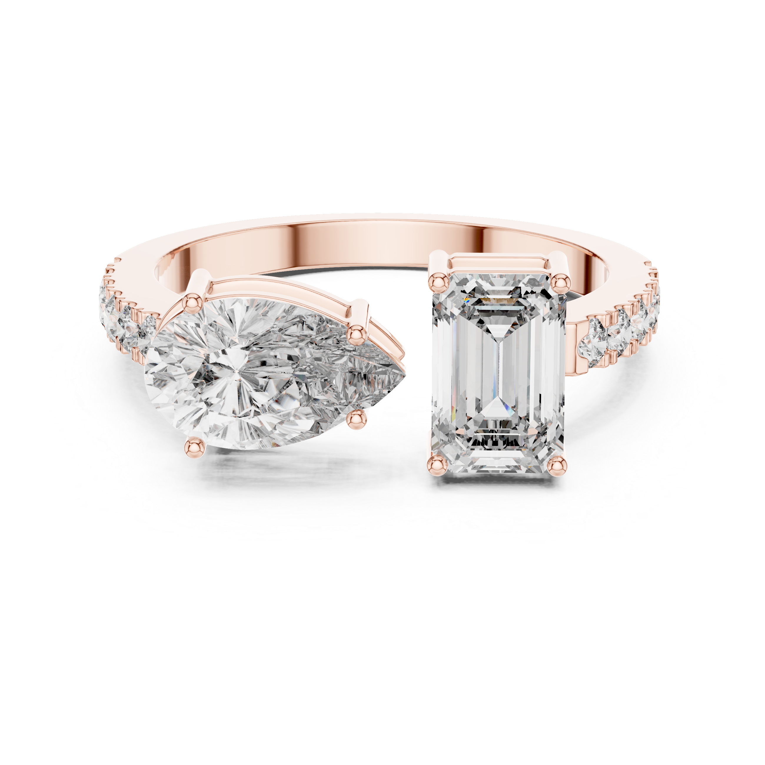 Rose gold ring with pear-shaped and emerald-cut diamonds on a white background